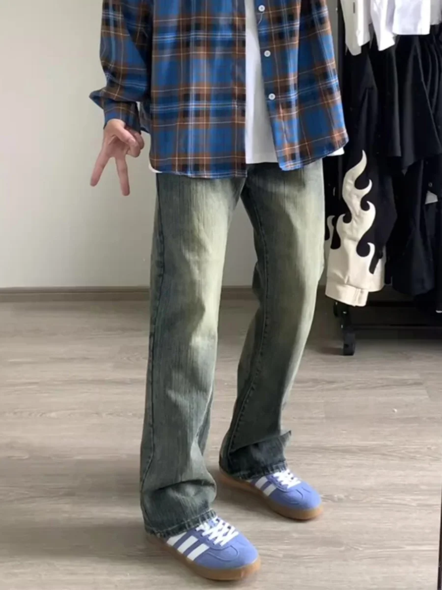 

Мужские джинсы в стиле ретро, синие, из денима, весна-осень, с эффектом потертости, приталенные, прямые, слегка расклешенные, в уличном стиле