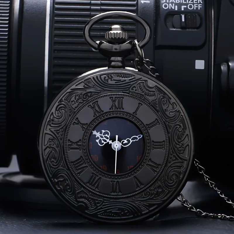 Vintage Charm Black Pocket Watch Fashion Roman Scale Display Steampunk Quartz Pocket Watch Exquisite Necklace Pendant with Chain