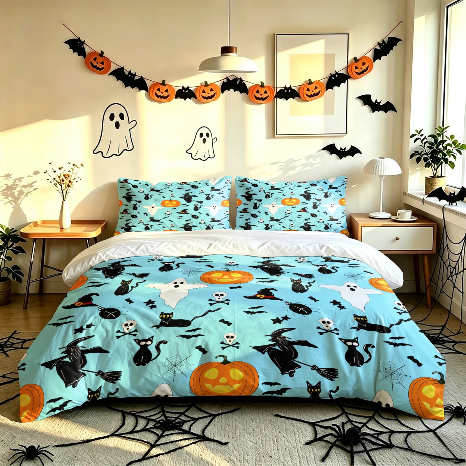 Light Blue Cute Halloween Duvet Cover Set Witch Black Cat Ghost Pumpkin Skull Spider Web Print Bedding Set