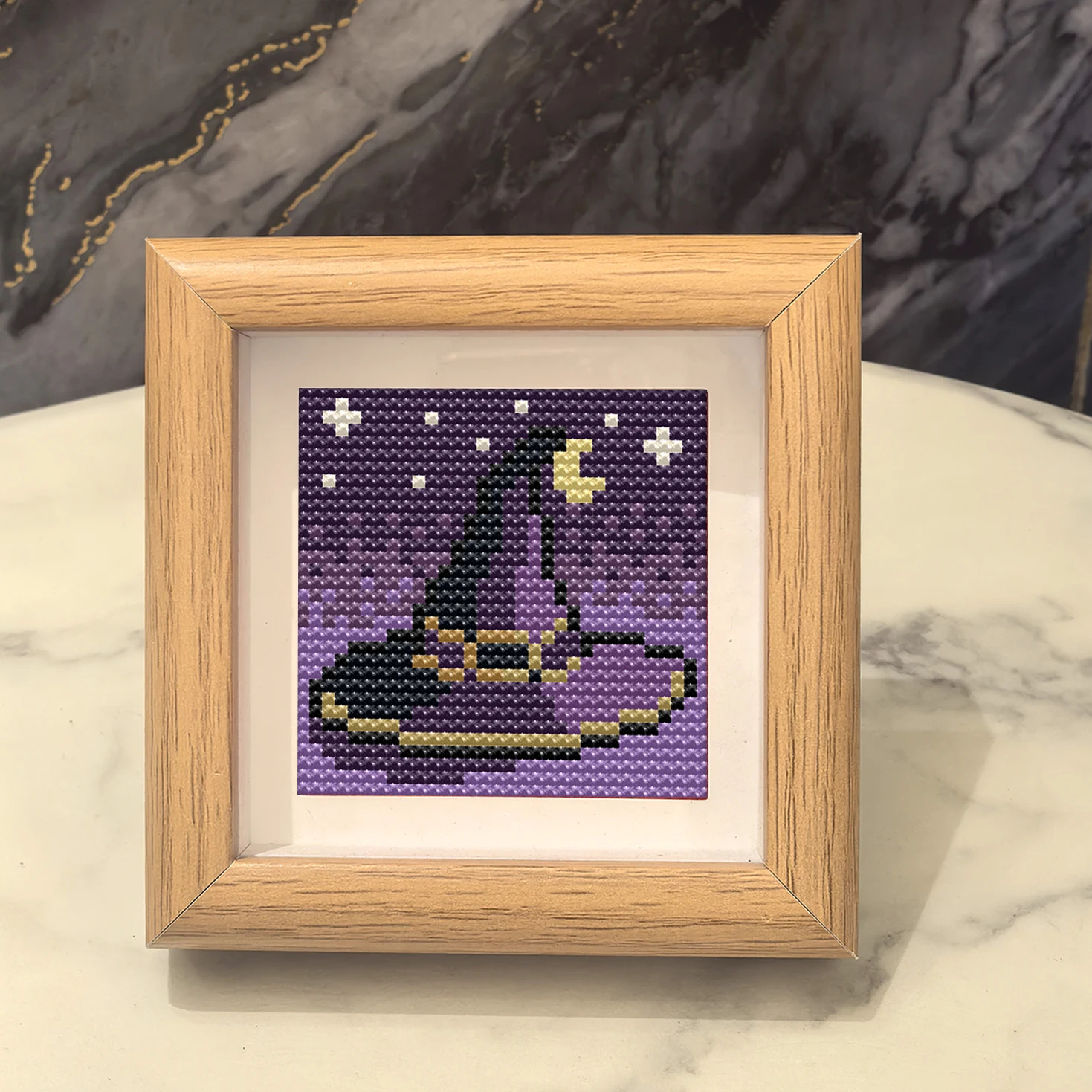Star and Moon Magic Wizard Hat Cross-Stitch Kit, DIY Handmade Material Pack with Frame, Purple Night Sky Halloween Elements Handmade Embroidery Desktop Decoration