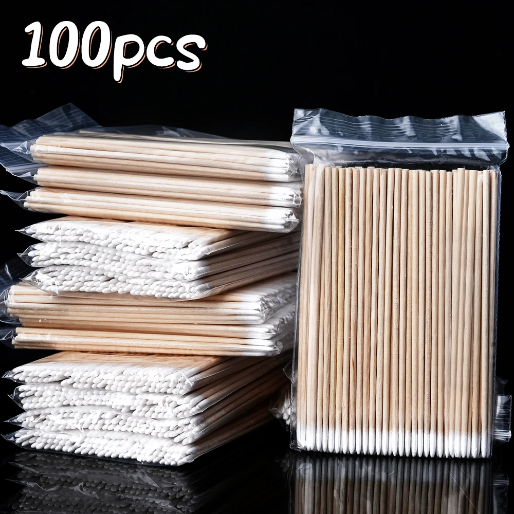 100Pcs Nails Art Wood Cotton Swab Clean Sticks Buds Tip cuticle pusher Head Manicure Detail Corrector Nail Polish Remover Tools