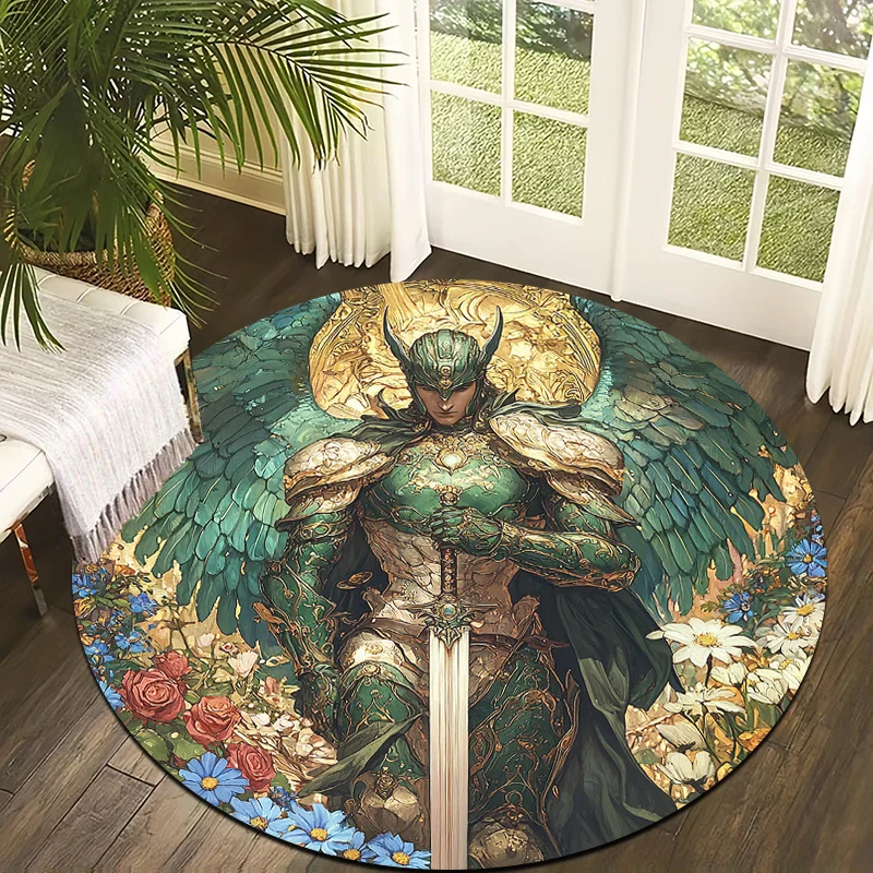 Medieval Flower Warriors Flannel-printed round floor mats are slip-resistant Suitable living room bedroom terrace garden carpets