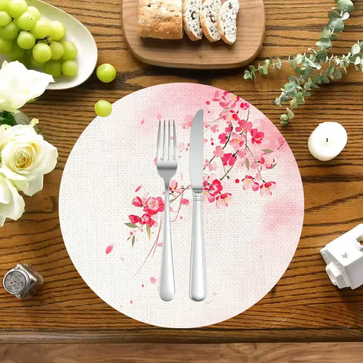 VIKAMA Round Watercolor White Peony Goldfish Placemat, Heat Resistant Non-Slip Table Mat for Oriental Farmhouse Decor