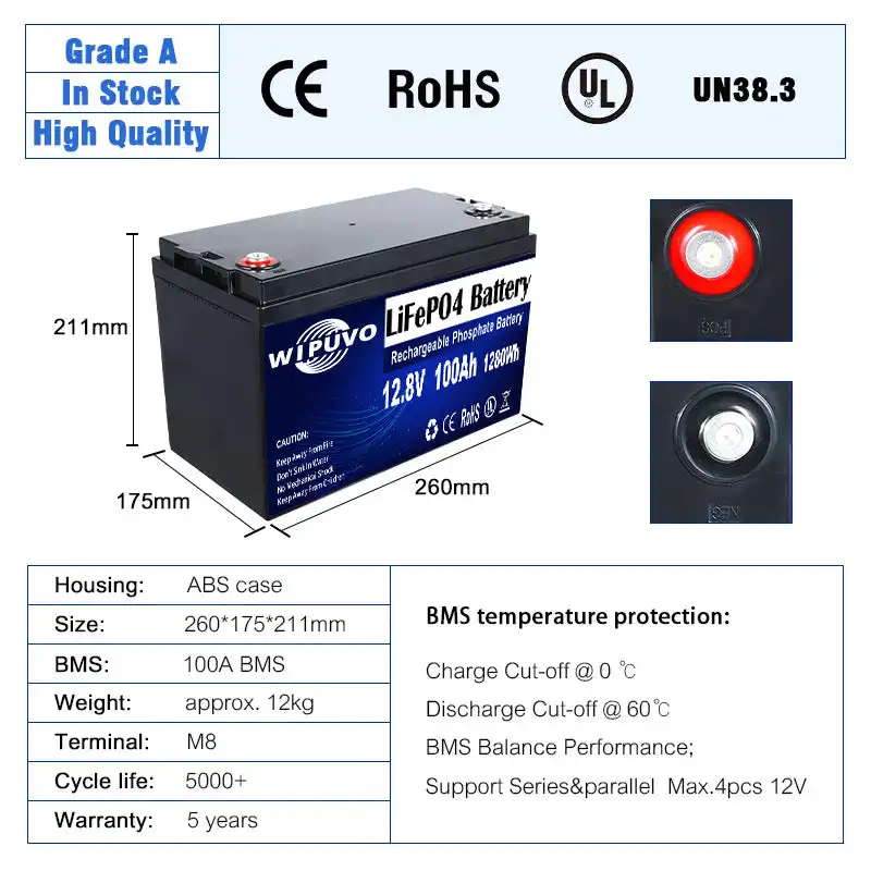 Lifepo4 Battery 12V 100ah 1280Wh Lithium 12.8v Battery Pack with BMS for RV Golf Cart Boat Solar