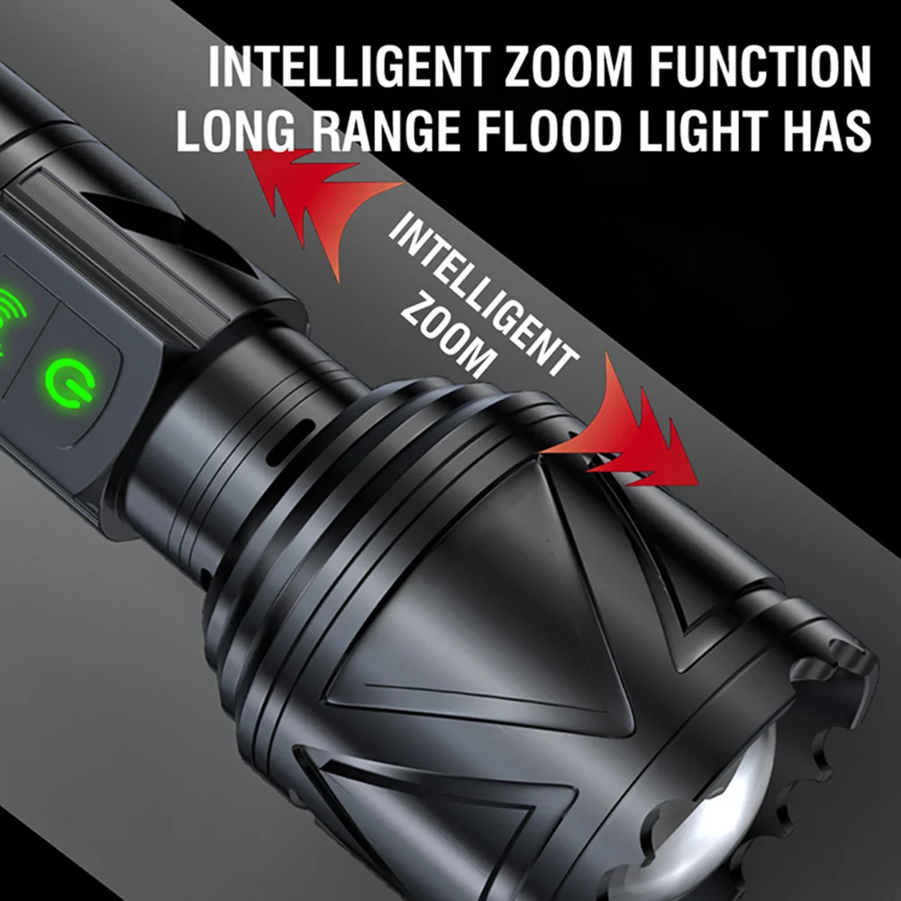 Boruit High Power 5000 Lumens Super Strong Flashlight Led 500m Zoomable Torch With Power Bank Hammer Beep Alarm