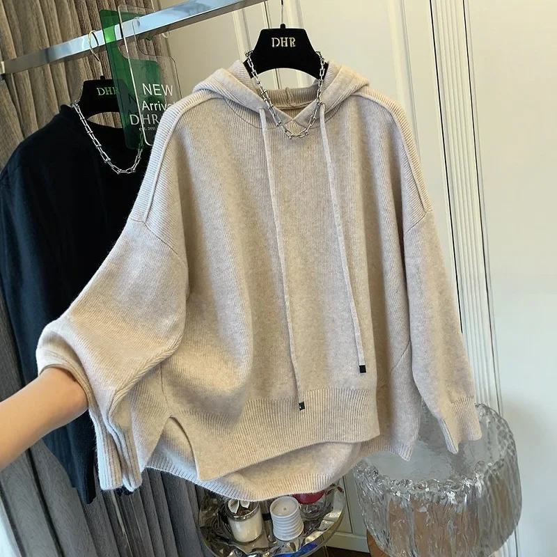 

Large Size 300 Pou Split Hem Hoodie Men's Soft Knitted Sweater Spring Autumn American Retro Sle Casual Long Sve Top