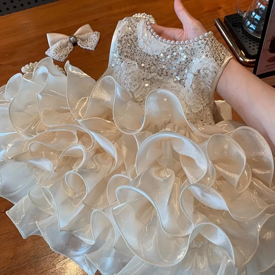 Girl's Princess Dress 2025 New Summer Bright Pearl Dress for Baby Girl's Birthday and First Year