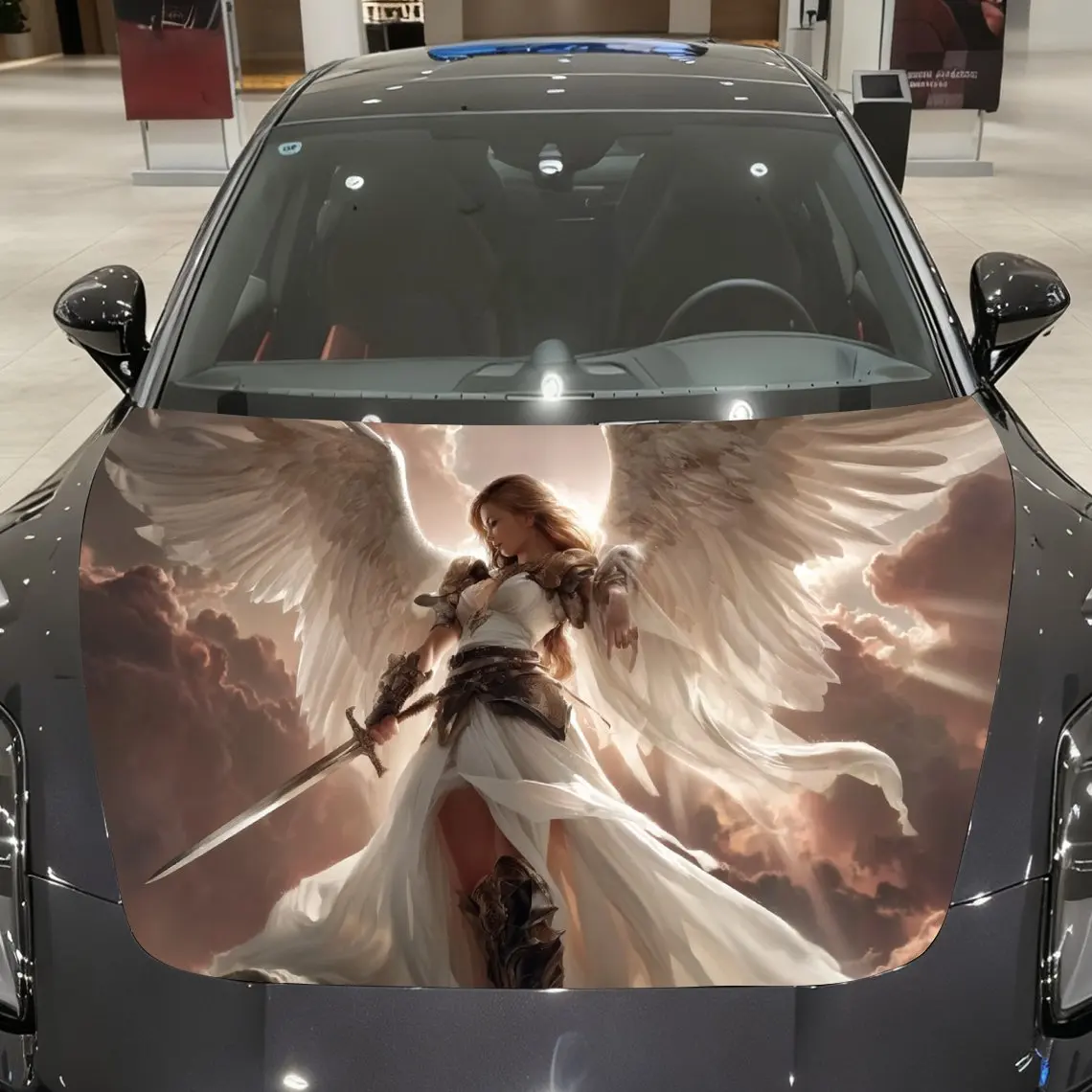

White Winged Warrior Car Hood Sticker, Waterproof Self-adhesive Body Decoration Sticker, Universal Full Coverage Appearance Prot