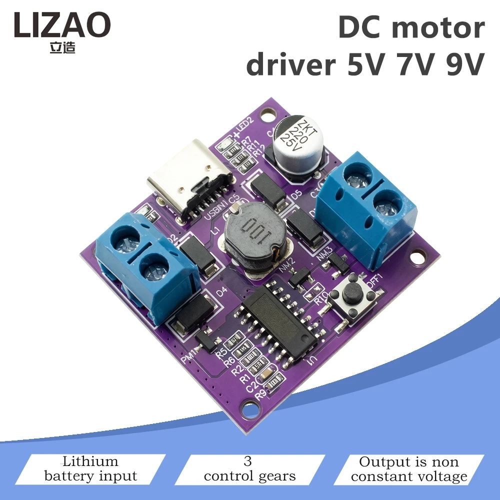 LIZAO DC Motor Driver Module 5V/7V/9V with 3-Speed Control, Lithium Battery Input for Brushed DC Motor Speed Regulation
