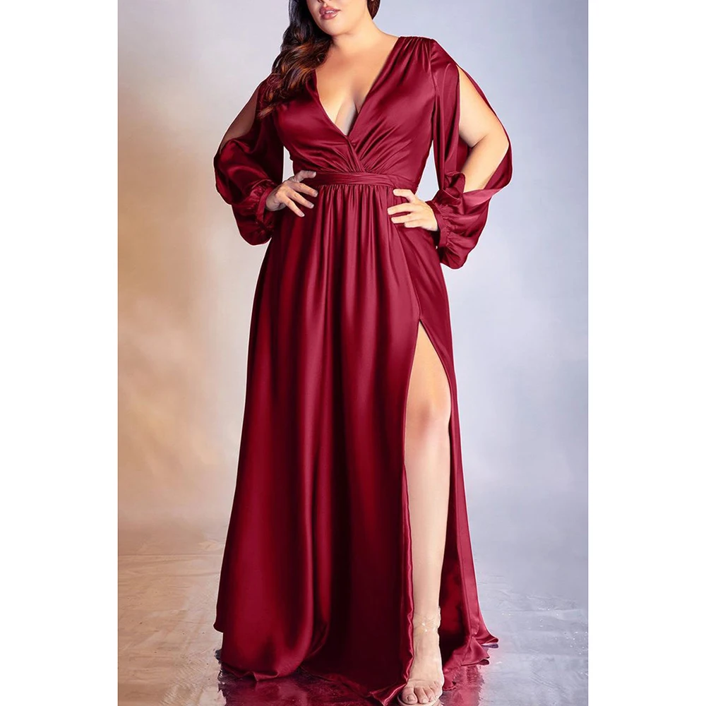 Manga comprida cetim v-Neck vestido Maxi, Plus Size