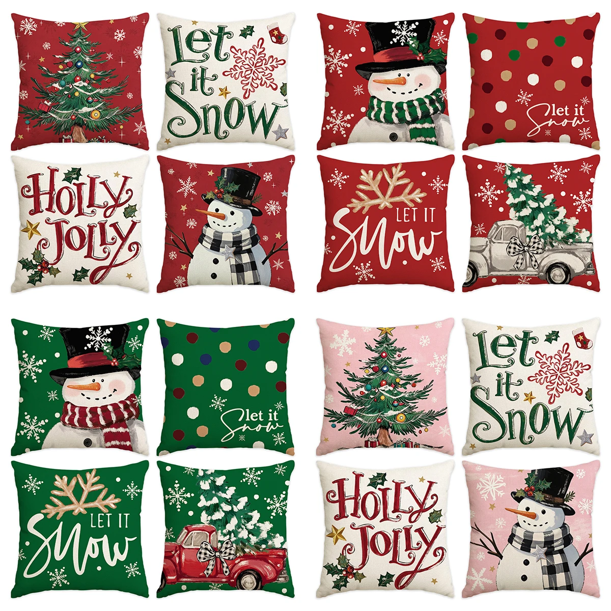 4‑Pack Throw Pillow Covers Christmas Cushion Covers Snowman Retro Truck Polka Dot Winter Xmas Tree Home Sofa Decor Cushion Cover