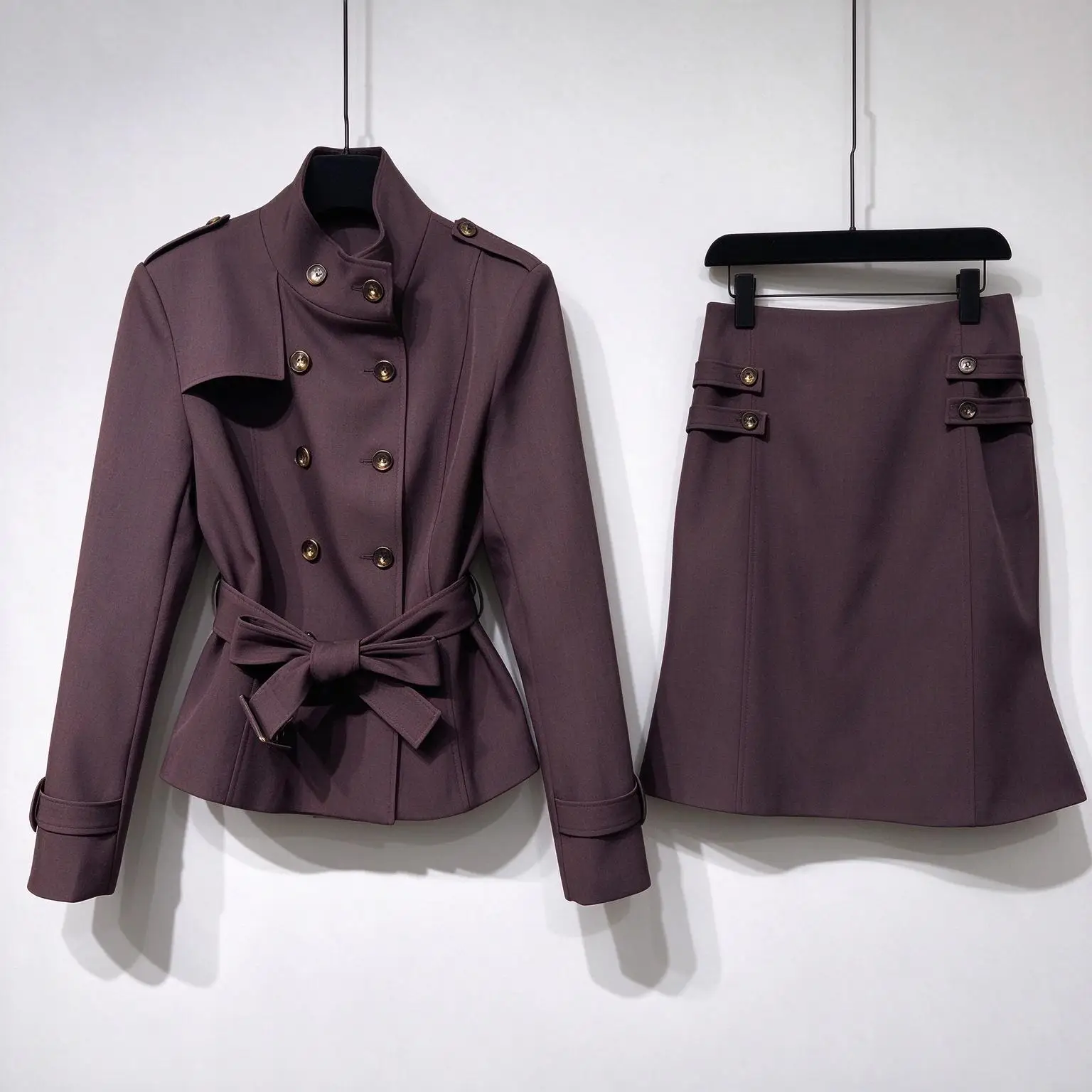 Women Double Breasted Belted Jacket A-Line Skirt Set