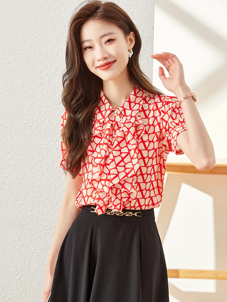 

Fashionable professional womens spring and summer new short-sleeved chiffon shirts show elegant and intellectual temperament