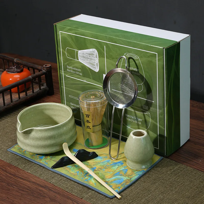 

Matcha Tea Making Tool Set Bamboo Matcha Whisk Set with Whisk Holder Drainage bowl Stainless Steel Sifter Towel for Beginners