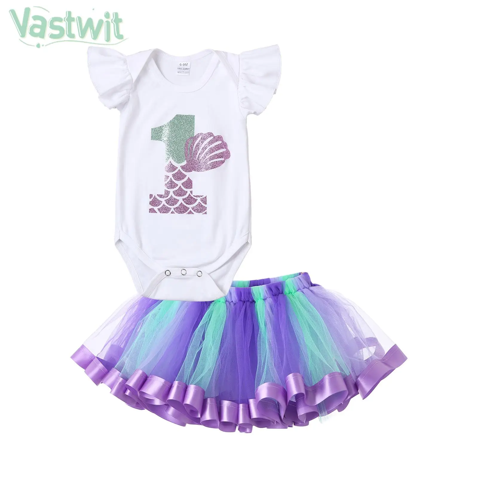 

Infant Girls Mermaid Princess Tutu Flutter Sleeve Print Rompers with Tulle Skirt for 1st Birthday Party Daily Wear Photography