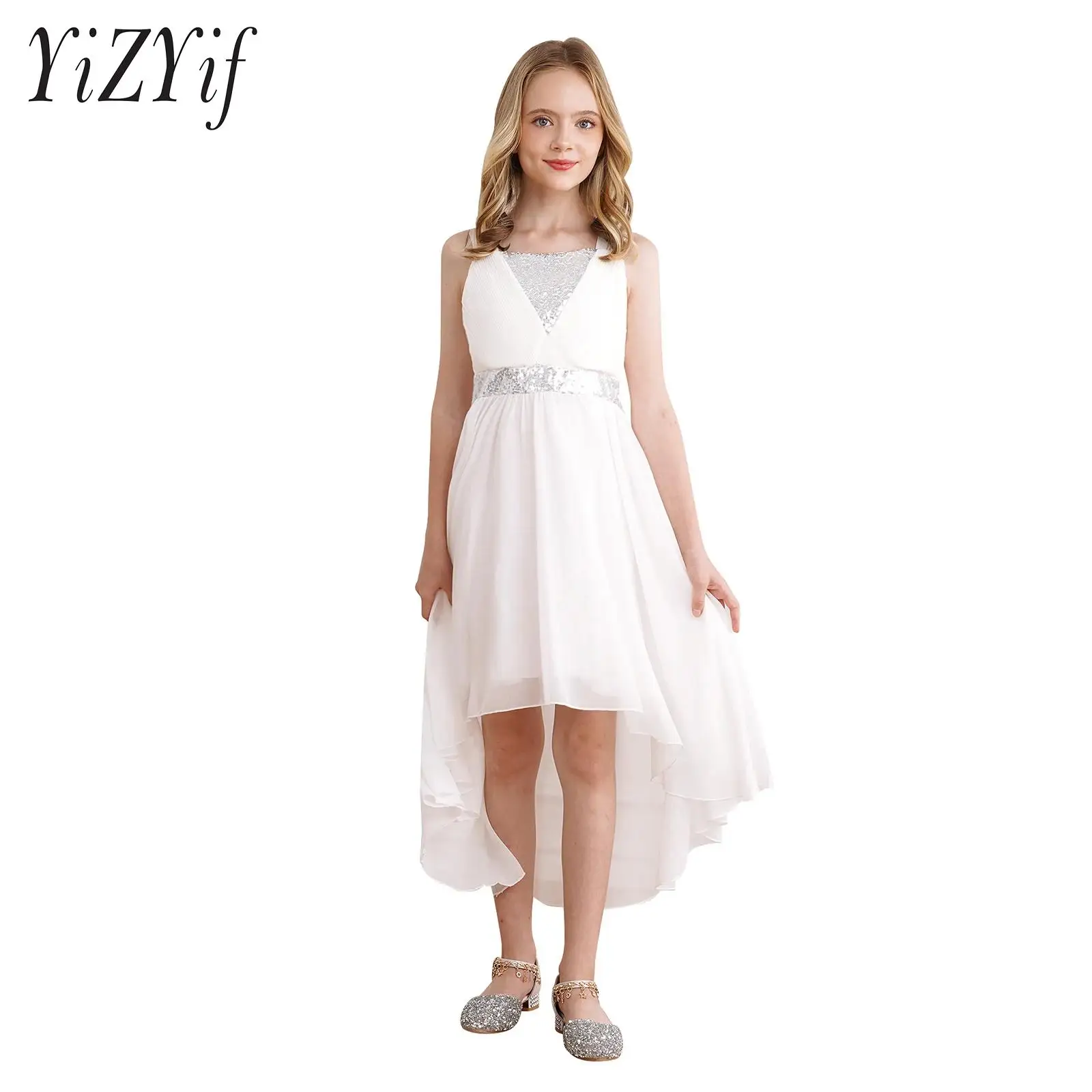 Kids Girls Evening Dresses Sleeveless Chest Sequins Behind Bow Tie Dress Sequin High Waist Irregular Hem Chiffon Skirt