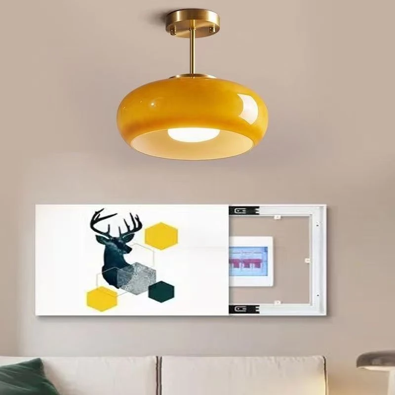 Retro Yellow Glass Semi‑Flush Ceiling Light Brass Gold Metal Frame Vintage Ceiling Lamp Home Decor Lighting for Bedroom Apartmen