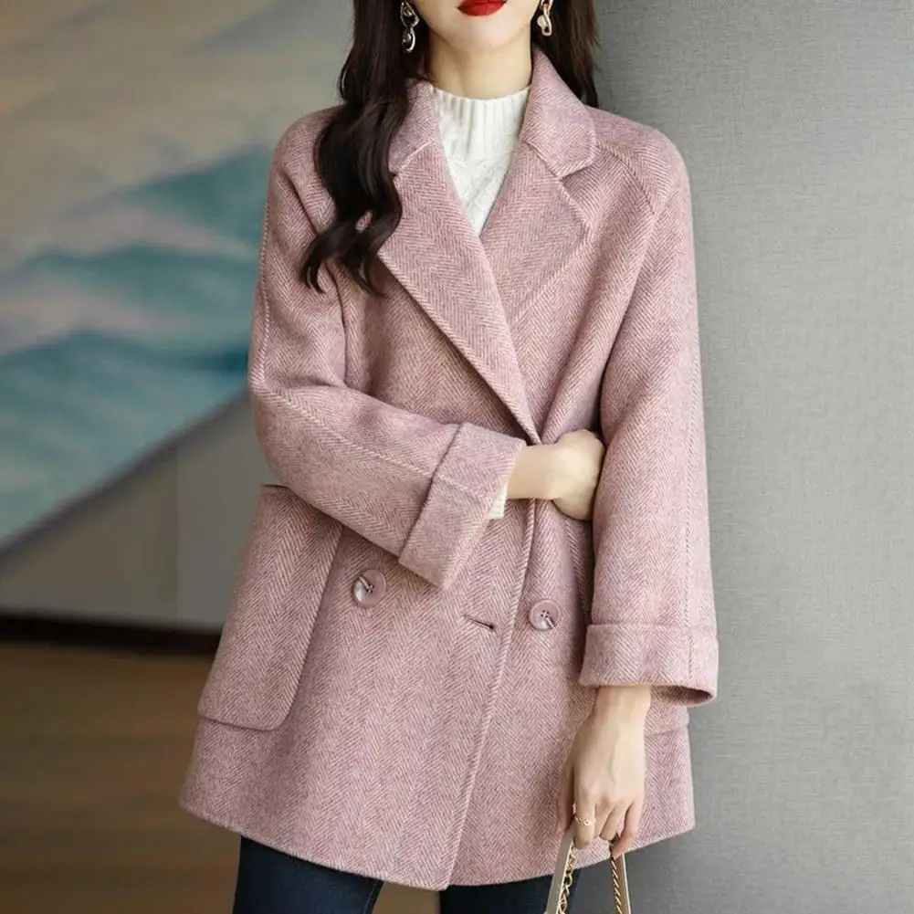 

Женская однотонная куртка, элегантное женское зимнее шерстяное пальто с отложным воротником, двубортный дизайн для офиса и бизнеса