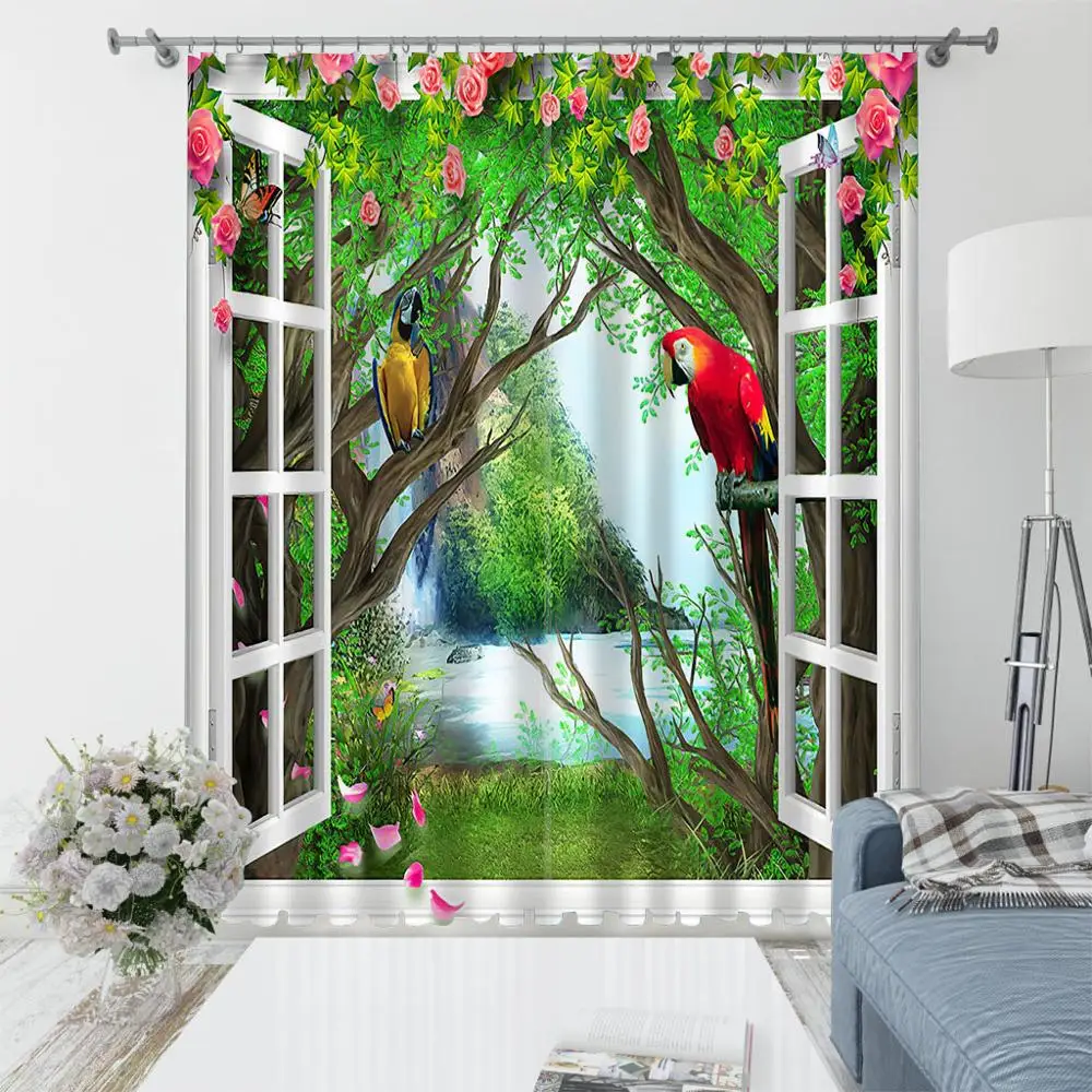 Luxury Bedroom Drapes cortina Customized size Custom green nature scenery curtains birds window curtain