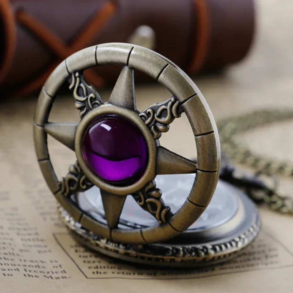 Antique Vintage Purple Gemstone Steampunk Pocket Watch Quartz Chain Clock Pendant Jewelry Timepiece Gift for Women Men