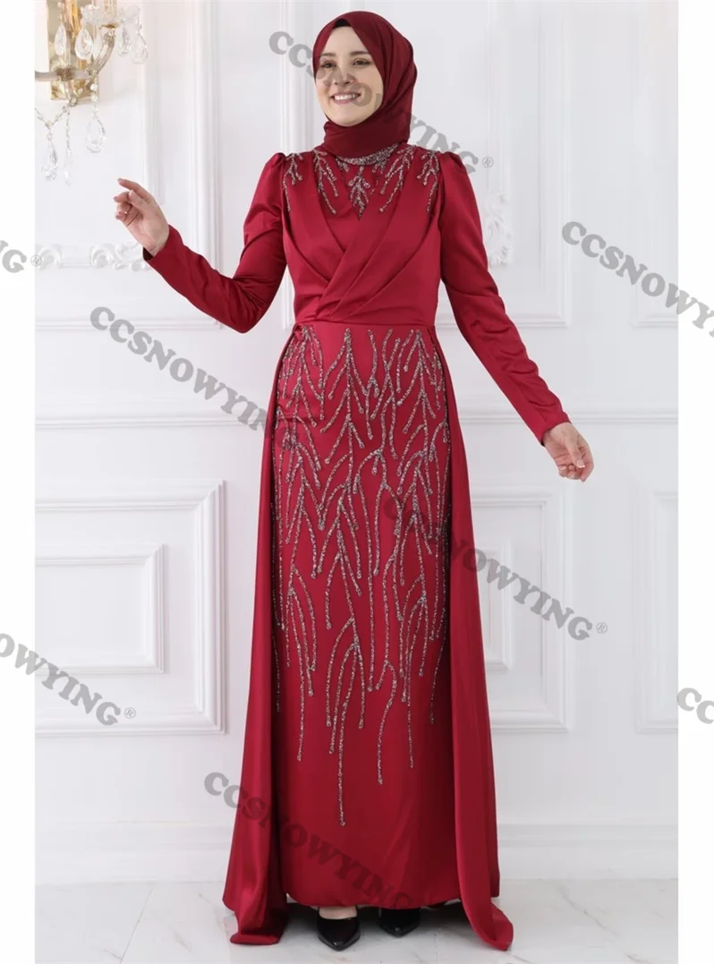 

Appliques Beaded Muslim Evening Gown Satin Long Sleeve Hijab Islamic Women Formal Party Dresses Arabic Kaftan Robe De Soiree