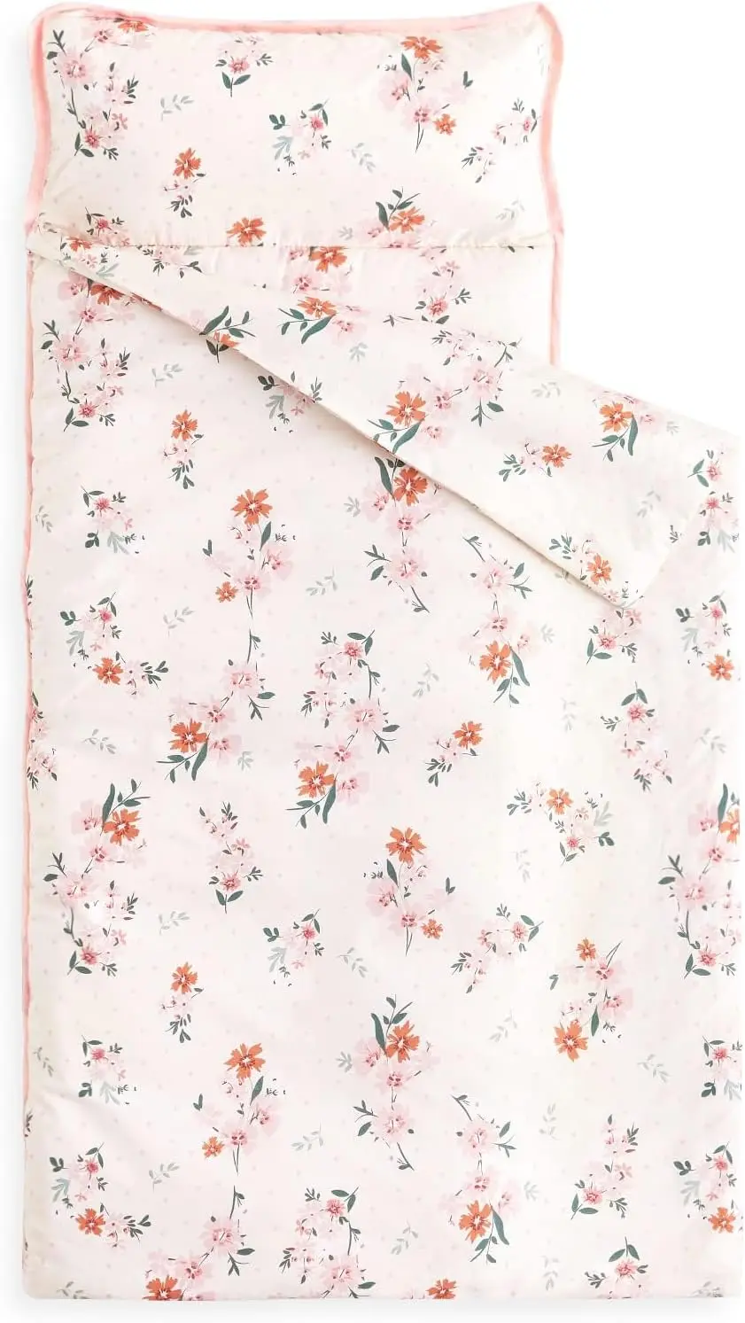 

Cotton Toddler Nap Mat with Pillow Blanket, Roll Up Sleeping Bag for Girls Ages 3+ in Daycare Preschool Floral