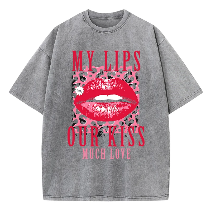 Cotton Womens Acid Wash T-Shirts My Lips Our Kiss Letter Printing Tee Shirts Comfortable Oversized Tops Street Female Clothes