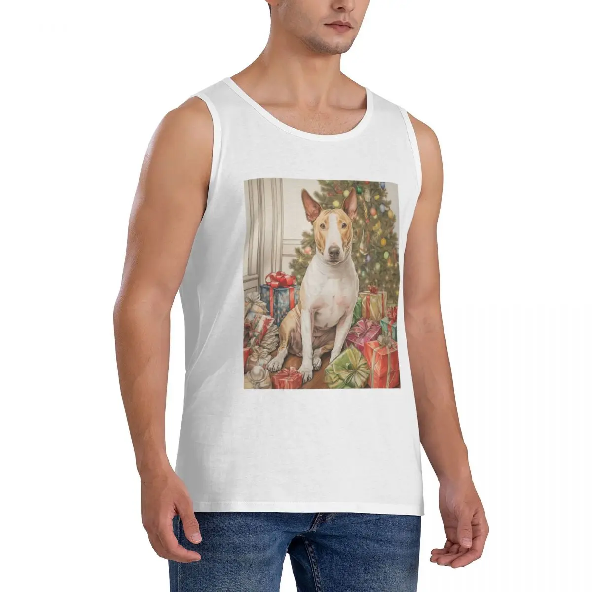100% Cotton Christmas Staffordshire Bull Terrier Dog Portrait Sleeveless T-Shirt Men Workout Sports Tops Men's Crew Neck Vest