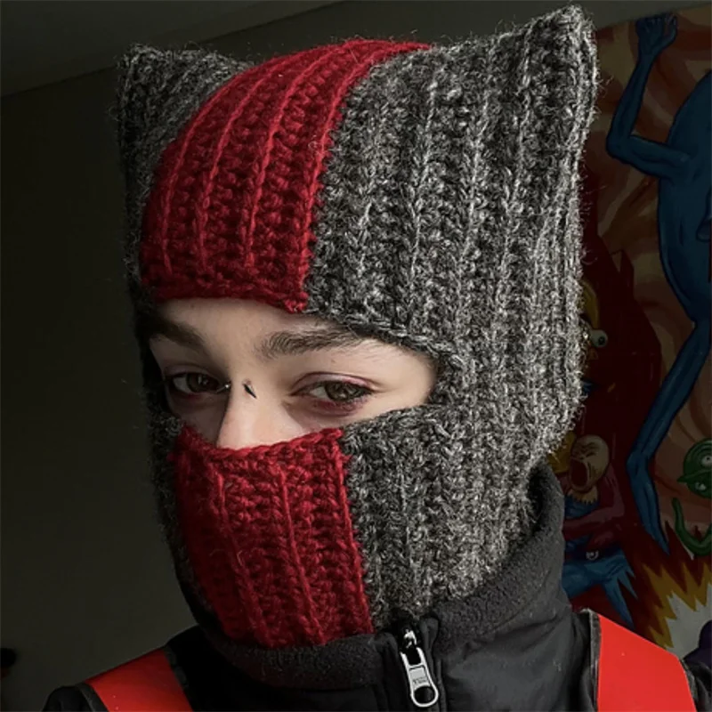 Knitting Single Hole Skull Hat Funny Ear Pullover Hat Warm Balaclava Hat for Men Women Outdoor Activity Cycling Hat