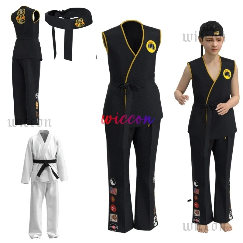 

Каратэ для мальчиков KOF Cobra Kai, карнавальный костюм для детей и взрослых, черно-белое кимоно, униформа, повязка на голову, аниме, костюм для вечеринки на Хэллоуин, спортивный костюм
