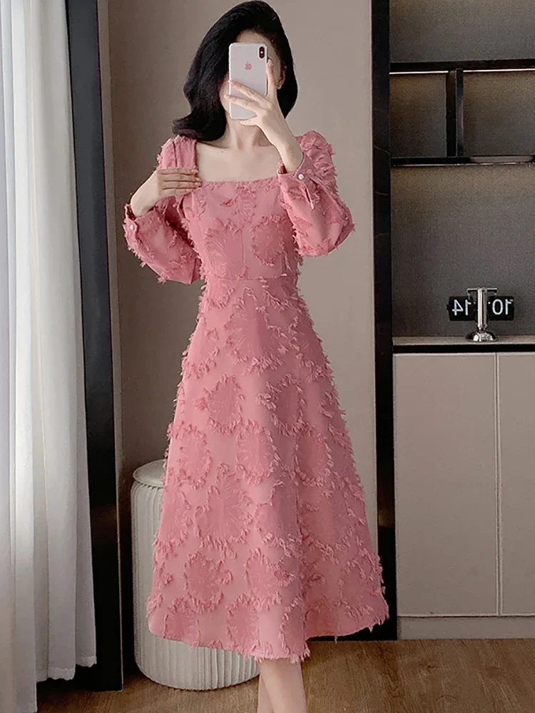 Spring Autumn Pink Jacquard Sqaure Collar Long Dress Women Elegant Casual Home Dress 2025 New Korean Fashion International Dress