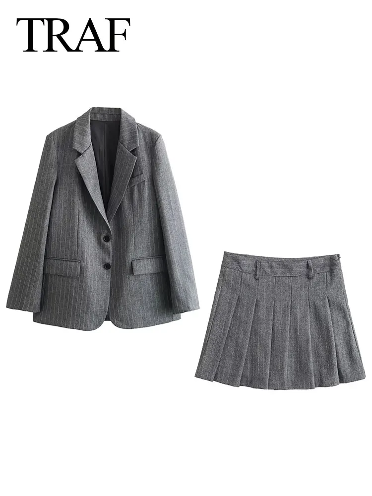 TRAF 2024 Spring Women Fashion Grey 2 Piece Sets Woman Pinstripes Pockets Slim Blazer Coat + Zipper Versatile Female Mini Skirts