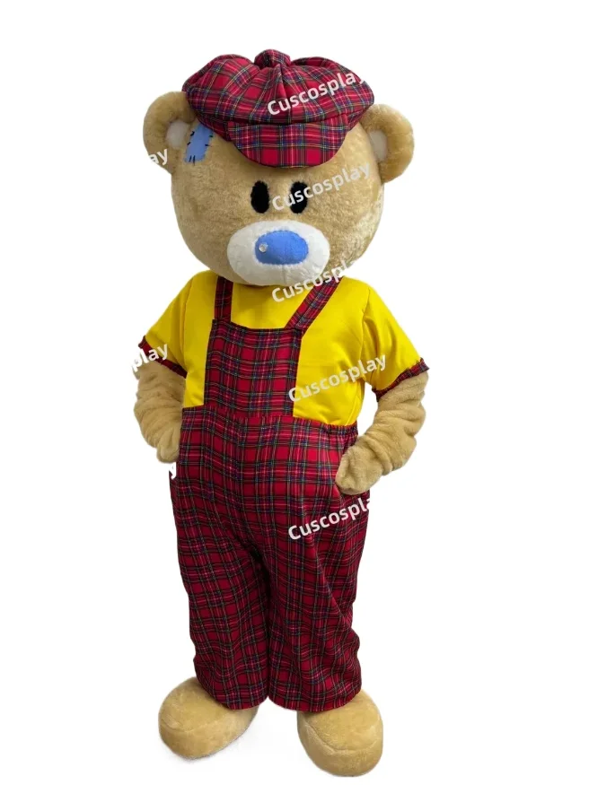 

Плюшевый костюм талисмана плюшевого мишки, красный клетчатый комбинезон, новый нарядный мультяшный кукольный костюм для взрослых, нарядное платье на Хэллоуин и Рождество