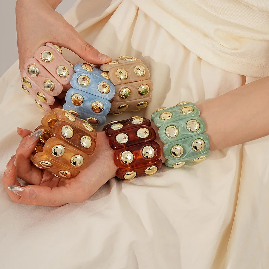 

Punk Rivet Geometric Wide Bracelets for Women Men Retro Resin Smudged Bangles Bracelets Elastic Hand Jewelry Pulseras Mujer