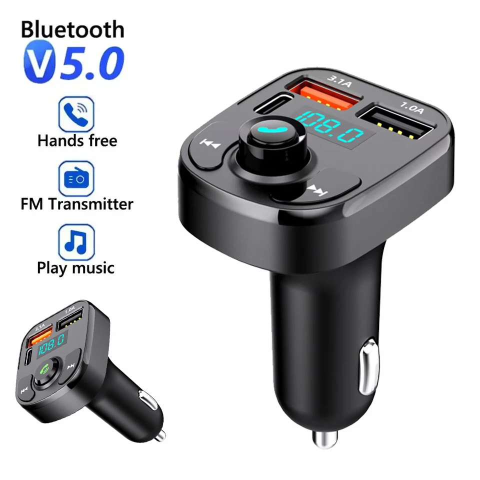 Carregador de Carro Multifuncional com Duas Portas USB, Transmissor FM Bluetooth 5.0, Adaptador de Música, Kit de Mãos Livres, Receptor de Rádio