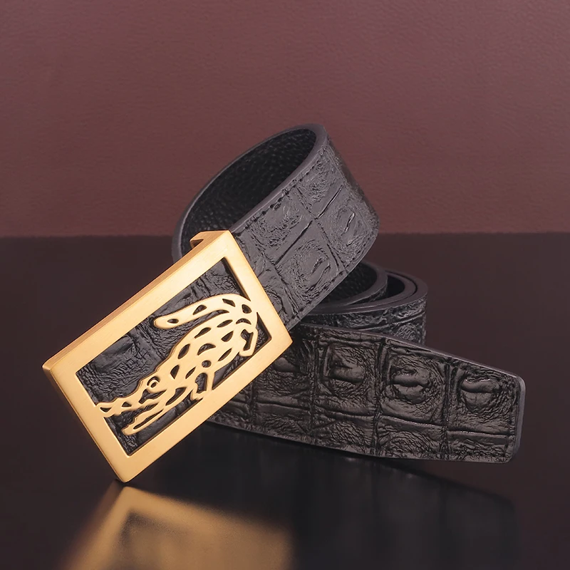 Cinturón de piel de vaca con hebilla de acero para hombre, cinturón de marca de lujo, cuero de grano completo, informal, alta calidad