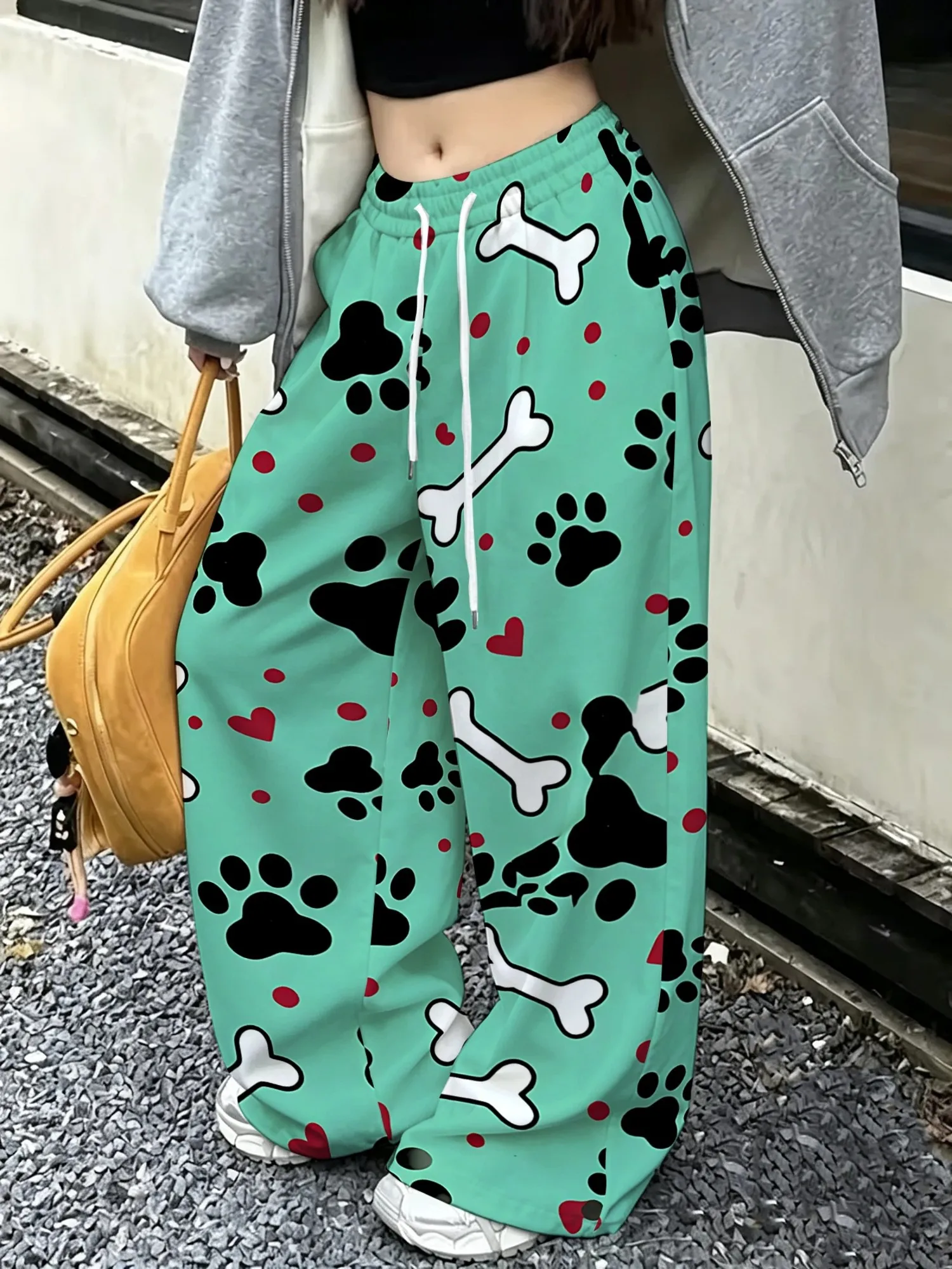 Green Cute Dog Claw Bone Printed Pants for Women, Loose, Breathable, Quick Drying, Family Casual, Street Hip Hop Trendy Pants