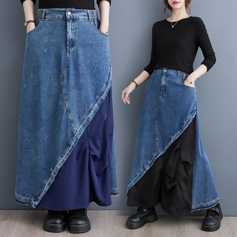 

High Waist A-Line Skirt Casual Loose Patchwork Denim Pleated Asymmetrical Versatile Autumn New Sle Women's Skirt