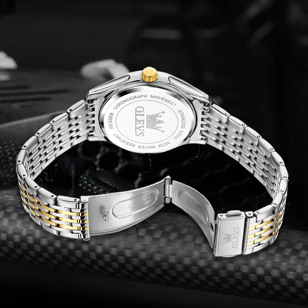 Olevs 9908 negócios relógio de quartzo presente mostrador redondo pulseira de aço inoxidável relógio de pulso semana exibição calendário luminoso