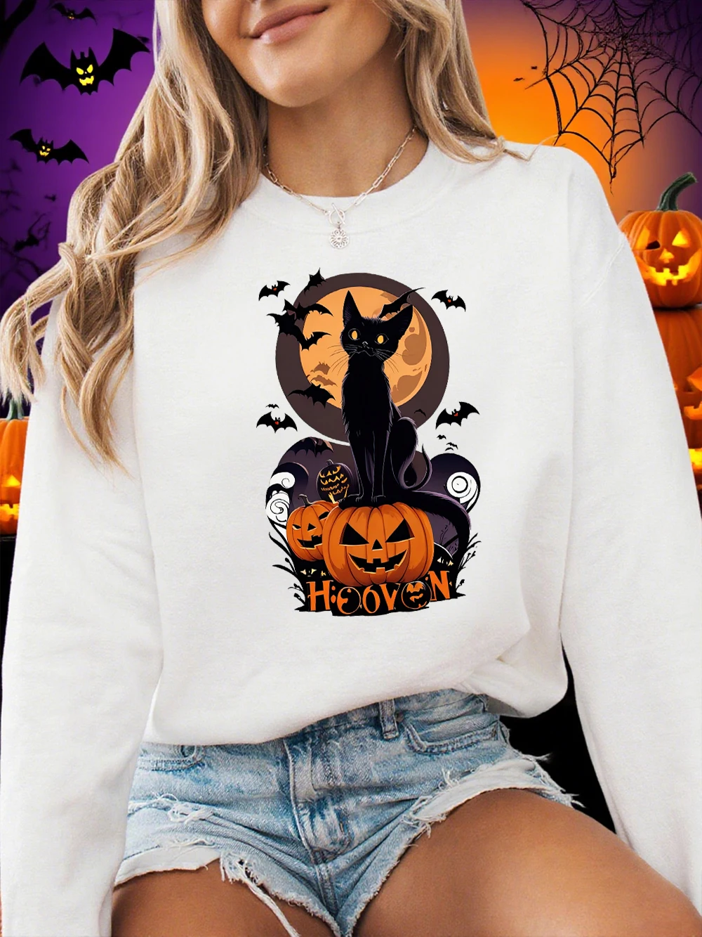 Felpa con stampa di zucca nell'atmosfera di Halloween Felpa girocollo da donna Felpa con cappuccio casual in pile sciolto Pullover caldo Abiti morbidi invernali