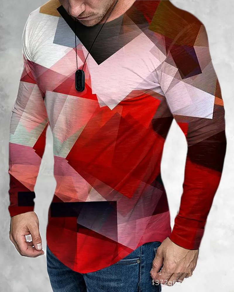 Geometric Plaid Pattern Men's Tie-dye T-Shirts Spring Autumn Long Sleeve 3d Print Gradient Street Tee 6XL Plus Size Casual Tops