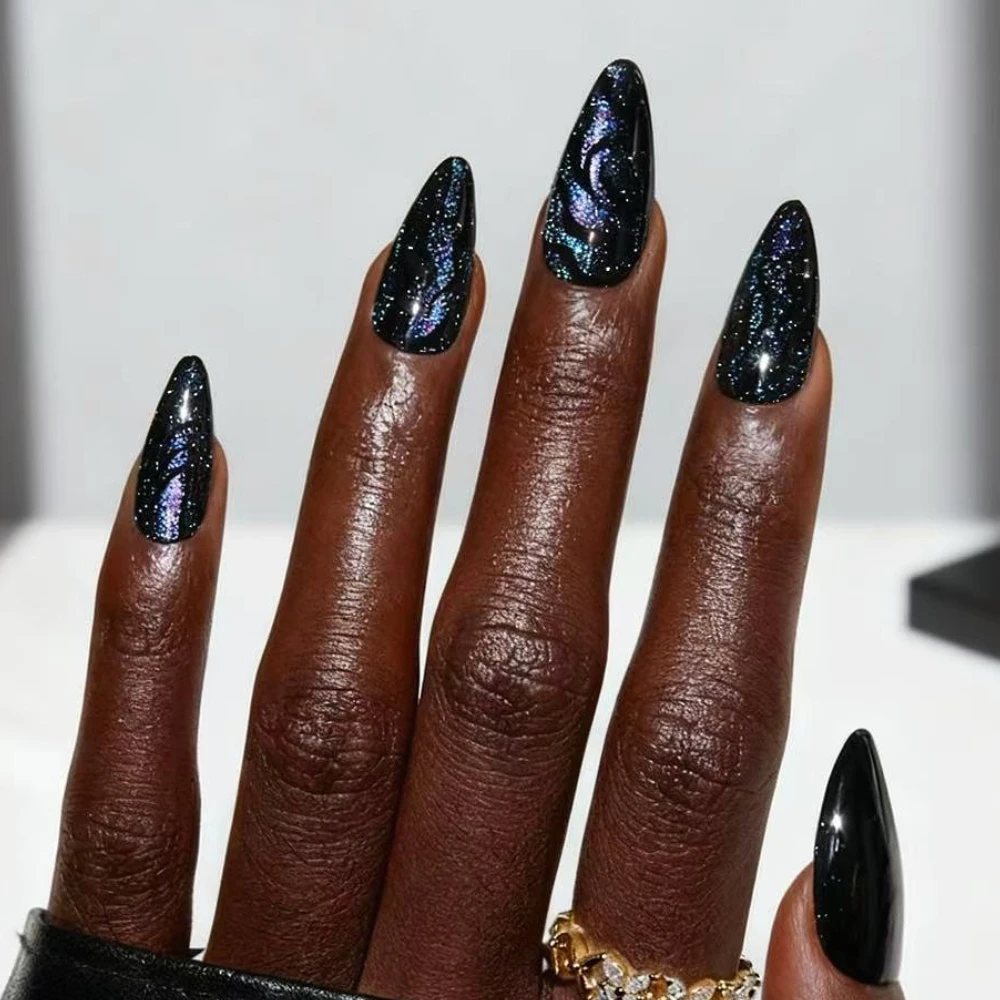 

Blue Purple Cat Eye Irregular Black Lines Nail Art Dark Style Wearable Fake Nails Detachable Finished False Nails Press on Nails