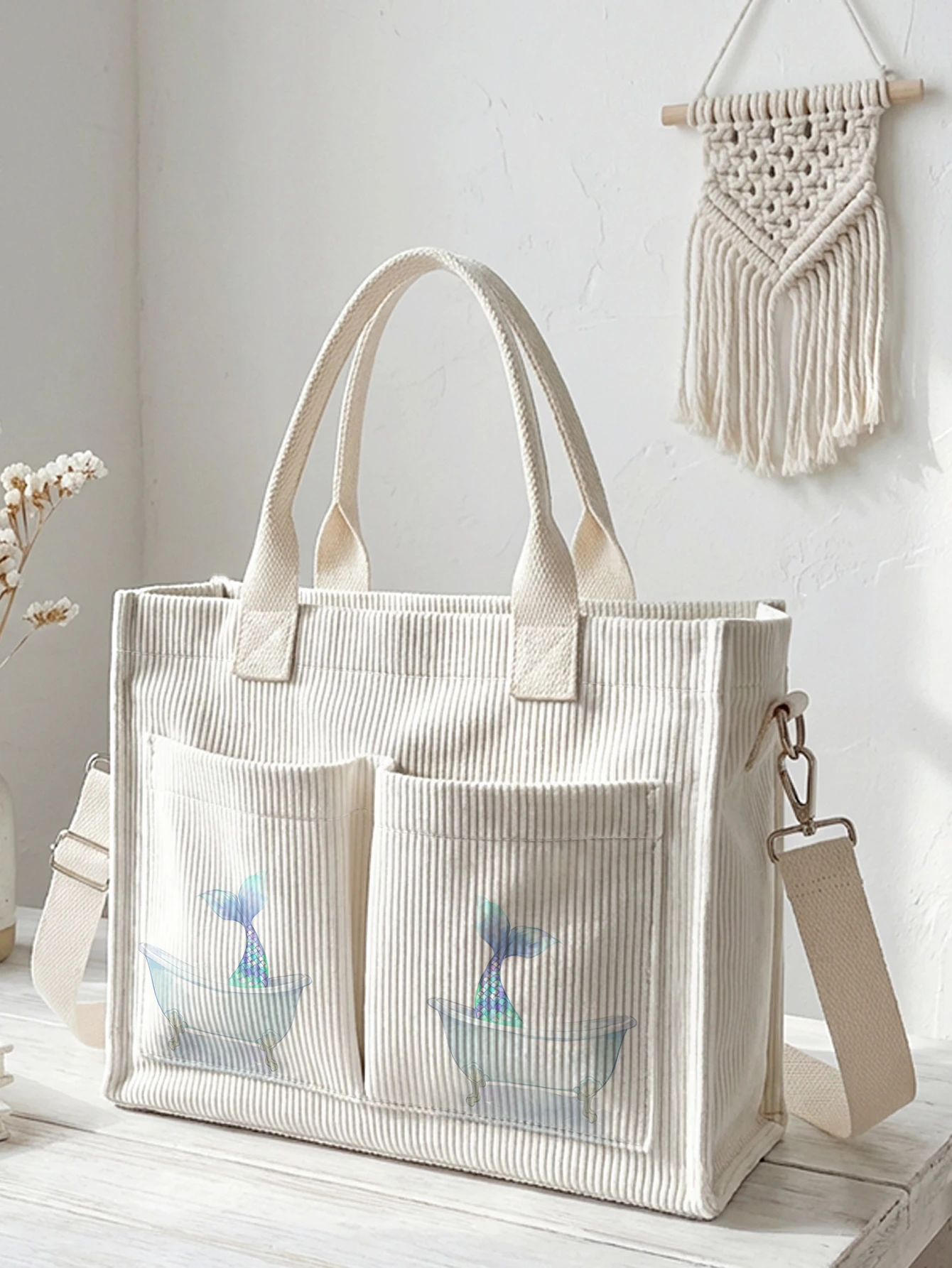 

Милая сумка-тоут из вельвета с принтом «Хвост русалки» и ванной, большая вместимость, много карманов, для любителей русалок, сумка через плечо для поездок на работу