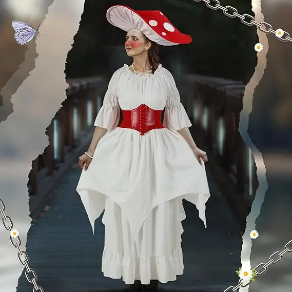 Renaissance Mushroom Medieval Costume with Hat and Cinch Belt Women Victorian Fairy Retro Dress Cosplay Halloween Role-play