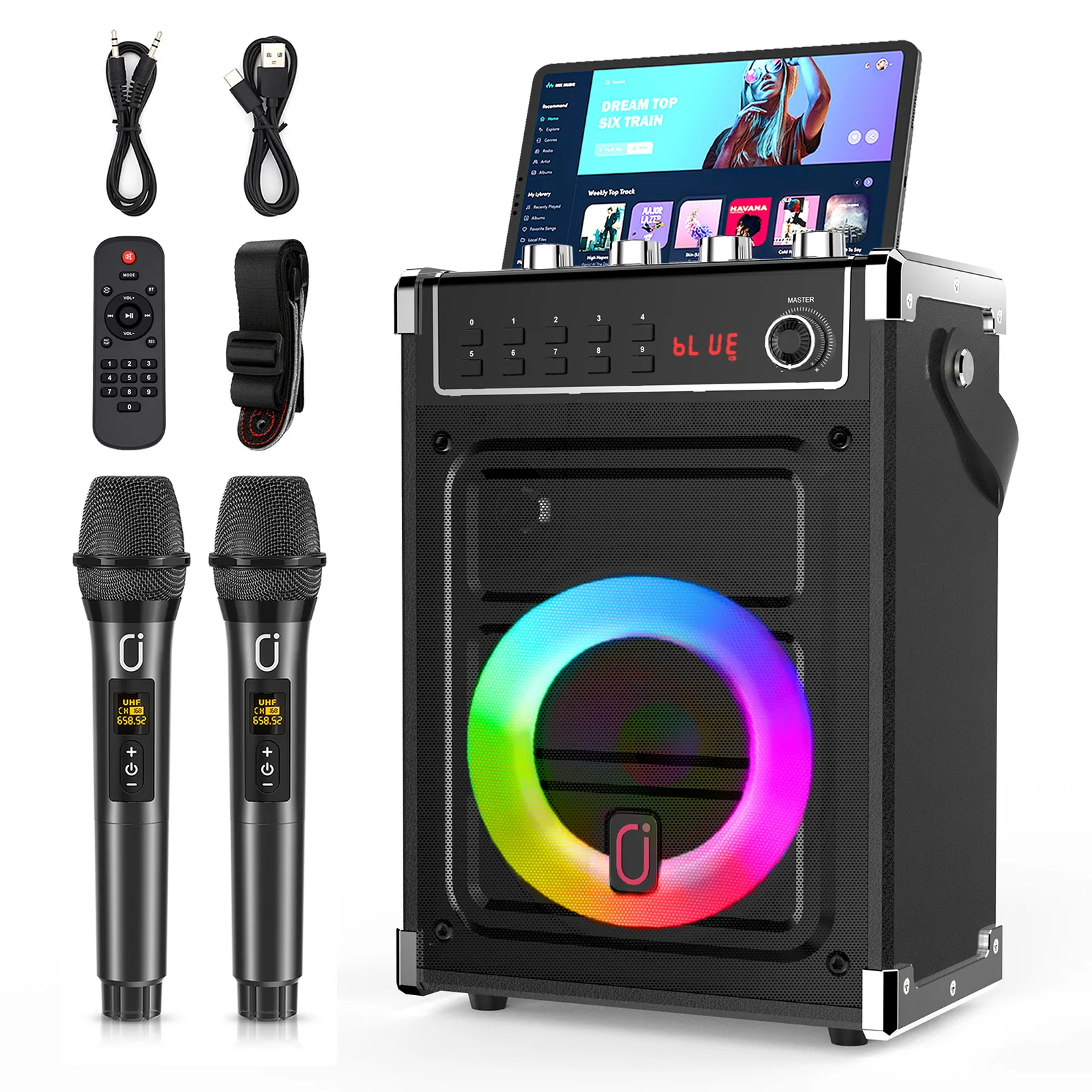 JYX 69-Schwarz Karaoke-Maschine mit 2 UHF Drahtlosen Mikrofonen, Bluetooth-Lautsprecher mit Bass-/Höhen-/Echo-Einstellung & LED-Licht