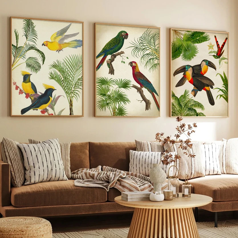 Tropical Birds Fauna Flora Print Canvas Painting Parrot Toucan Palm Tree Wall Art Poster for Living Room Home Decor Picture