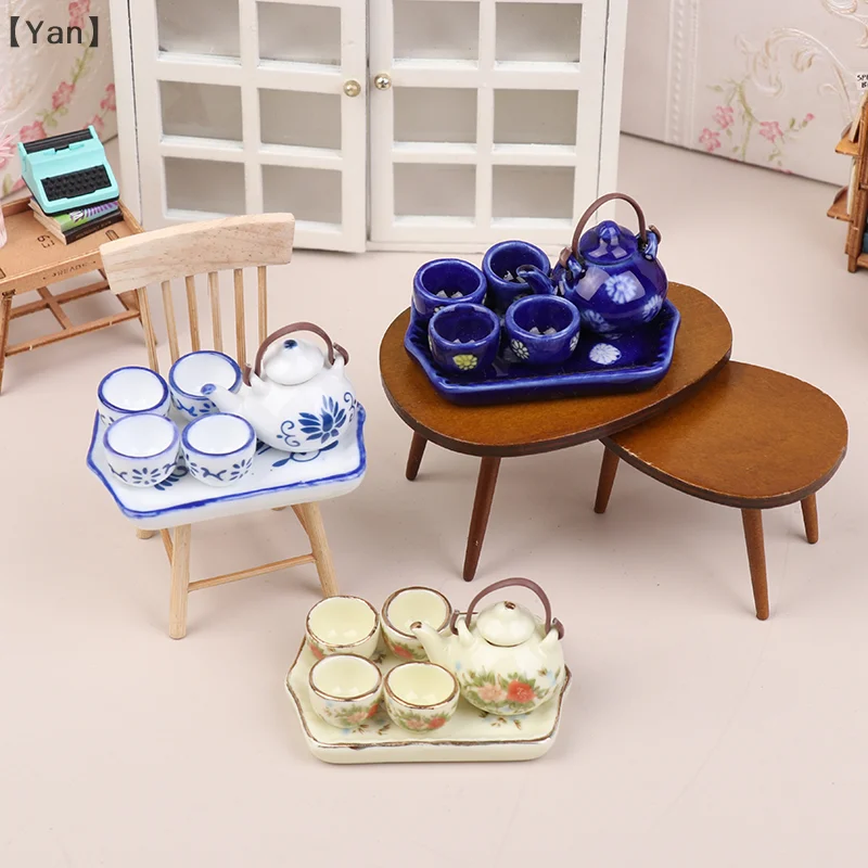 Mini théière en céramique pour maison de poupée, ensemble de Table à thé, décoration de salon, accessoires pour maison de poupée, 1/12