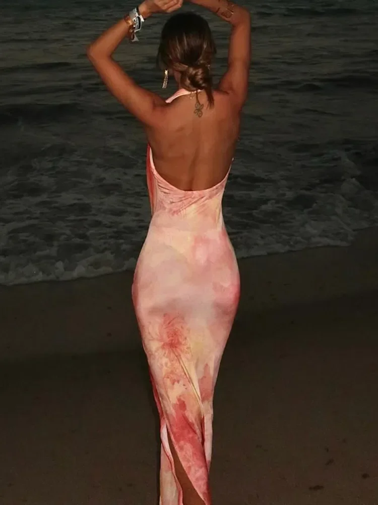 XIAOTANG ホルターバックレスセクシーなマキシドレス女性の夏のディープ V ネックノースリーブハイウエストビーチクラブパーティープリントロングドレス