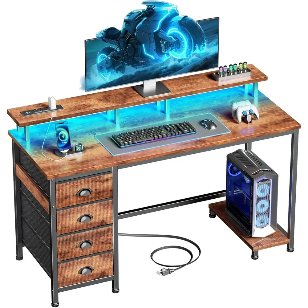 

Rustic Brown 47 Gaming Desk with Fabric Drawers, Monitor Stand, LED Lights & Power Outlets - Space-Saving Home Customized