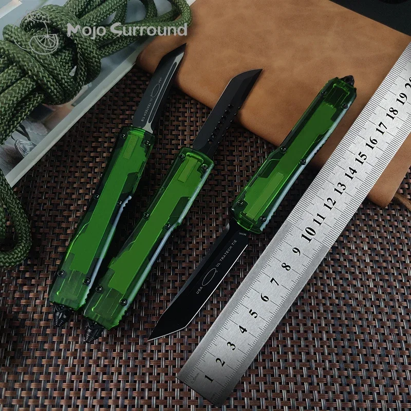 Cuchillo Micro Ultra Tech UT Clear Green Edition EDC, herramienta de autodefensa ULTRATECH D2, hoja de punto de caída de acero, mango acrílico duro, A5